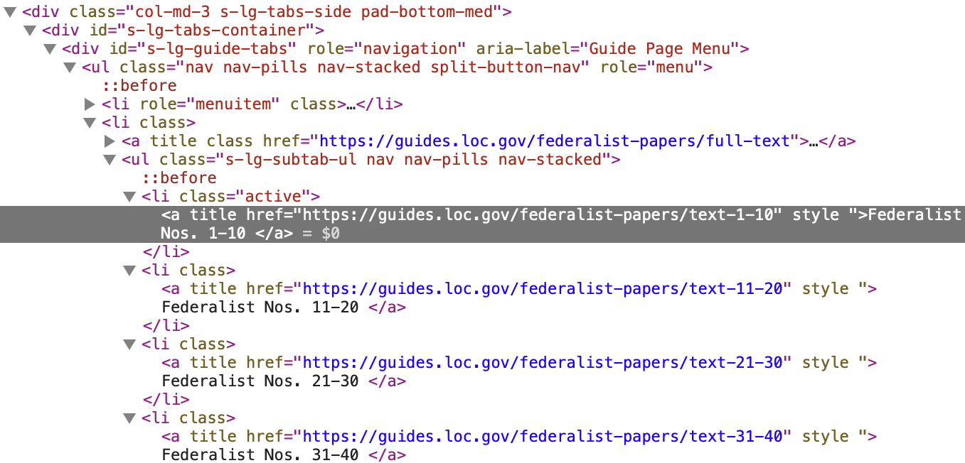 Screenshot of the source HTML for the Federalist Papers