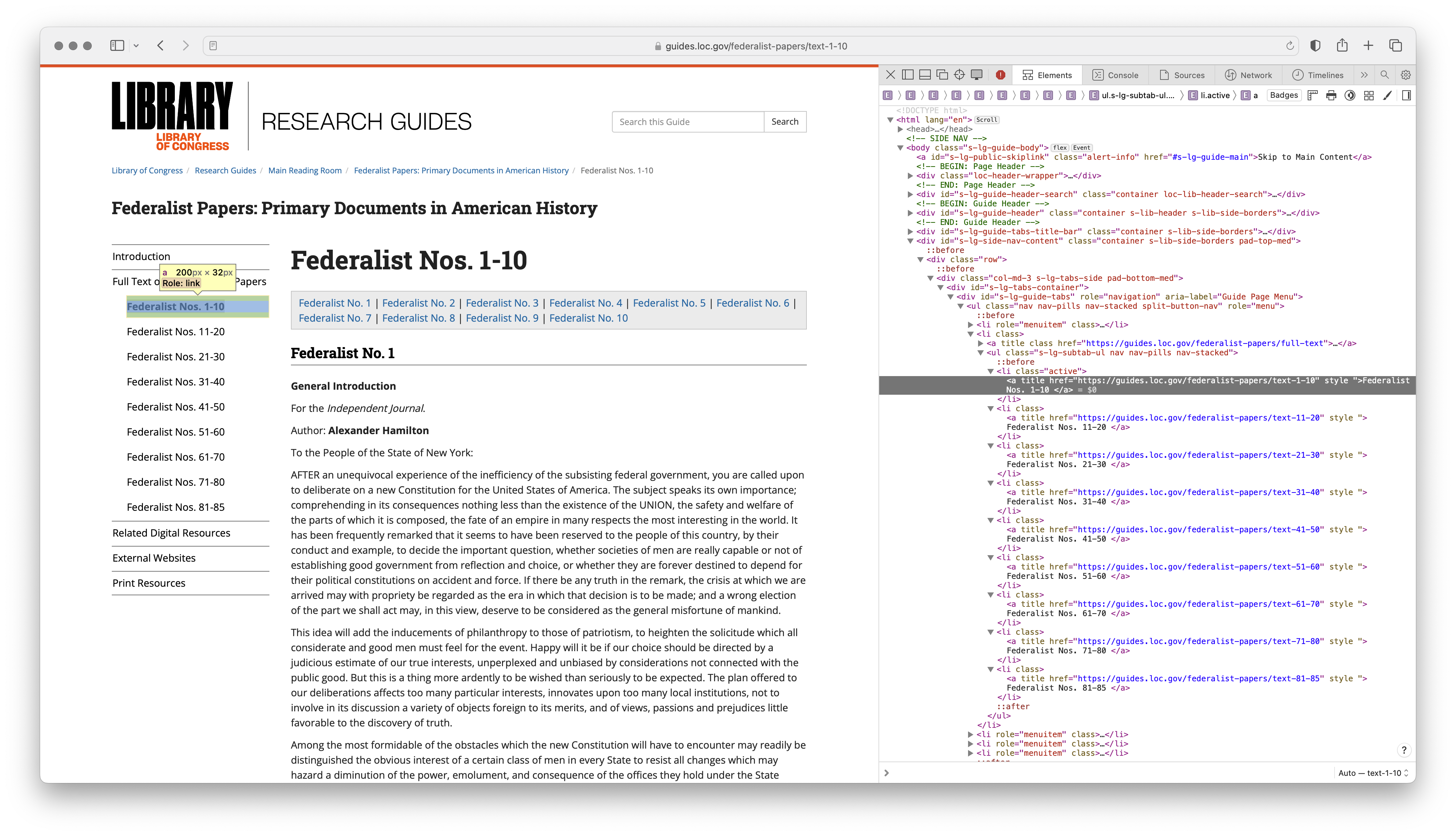 Screenshot of the HTML elements containing the URLs for the Federalist Papers
