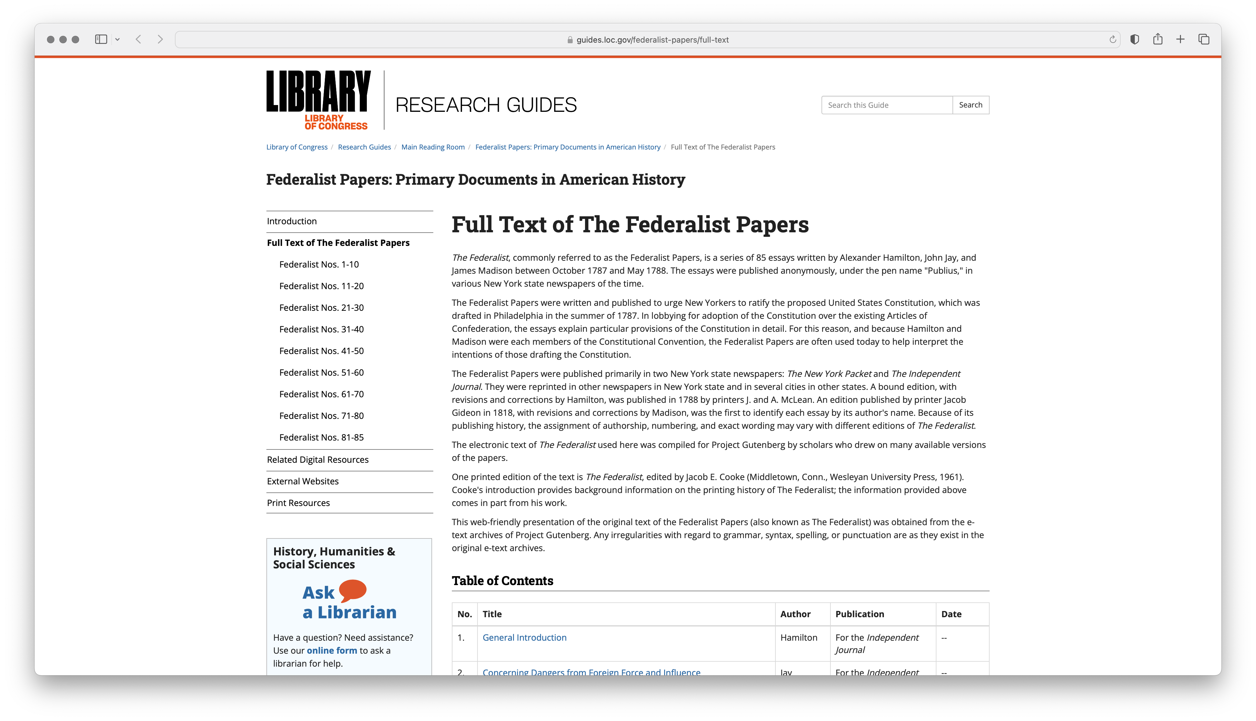 Screenshot of the Library of Congress website for the Federalist Papers