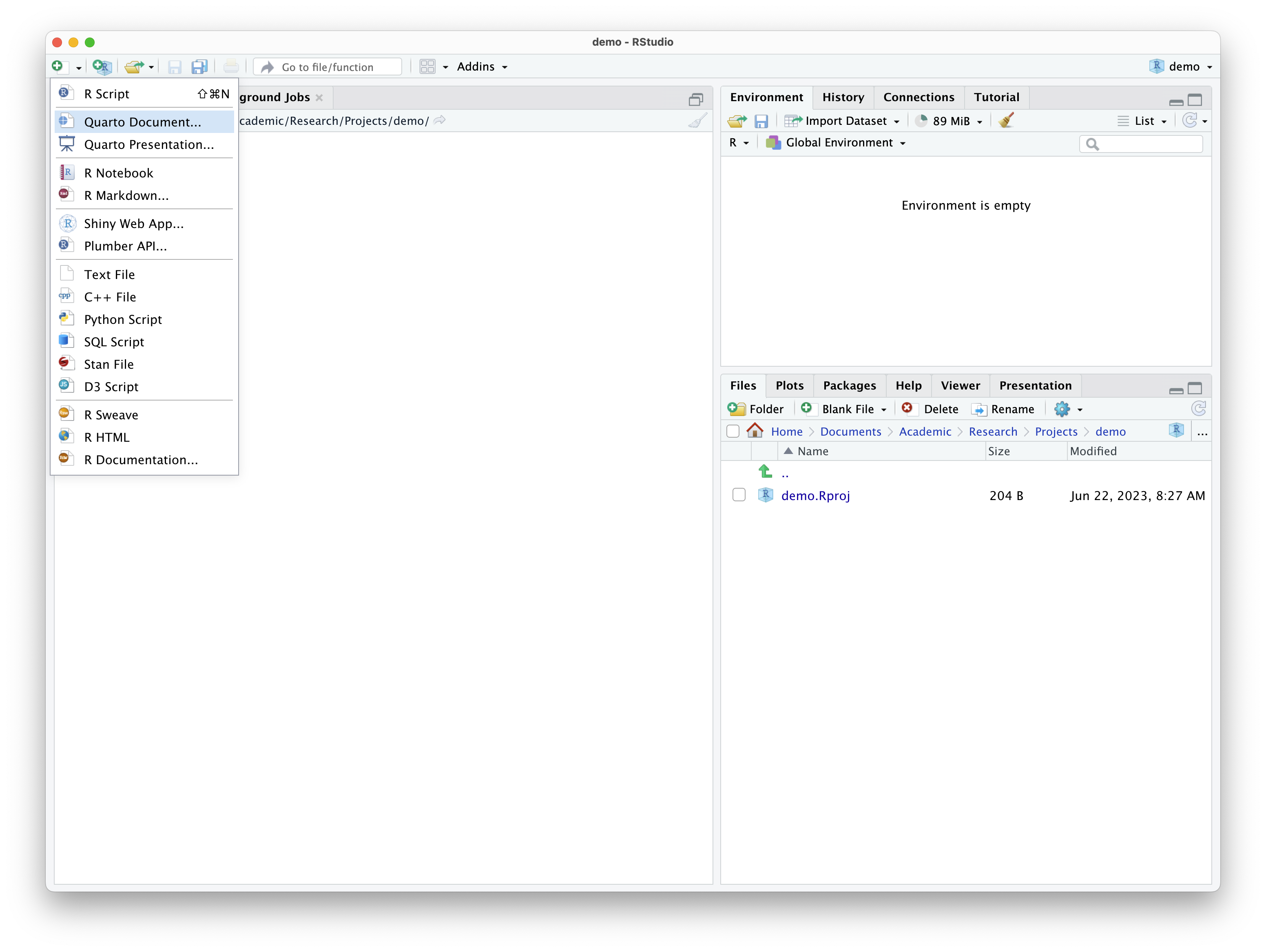 Creating a new Quarto document in RStudio.