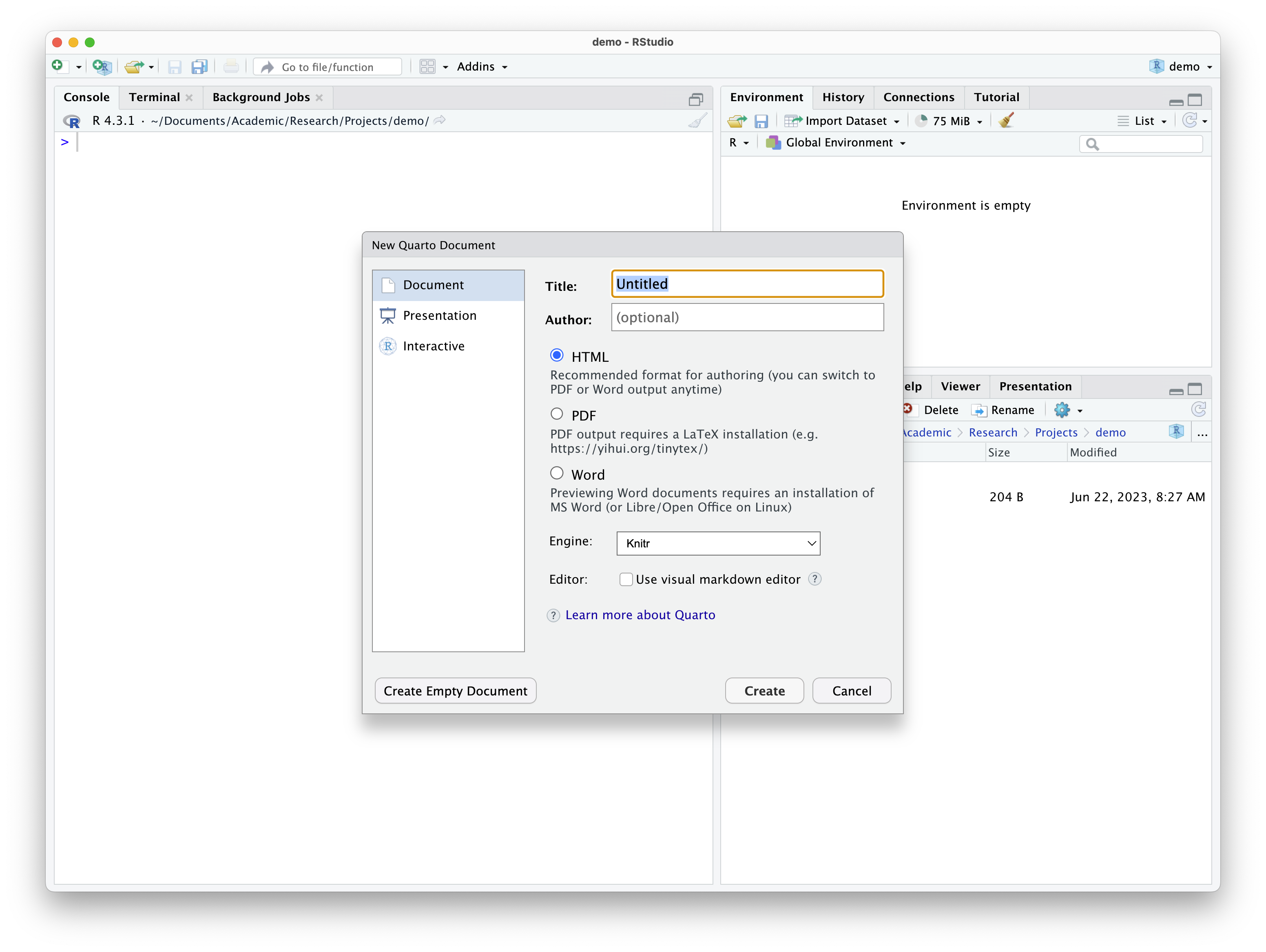 Dialogue box for creating a new Quarto document in RStudio.