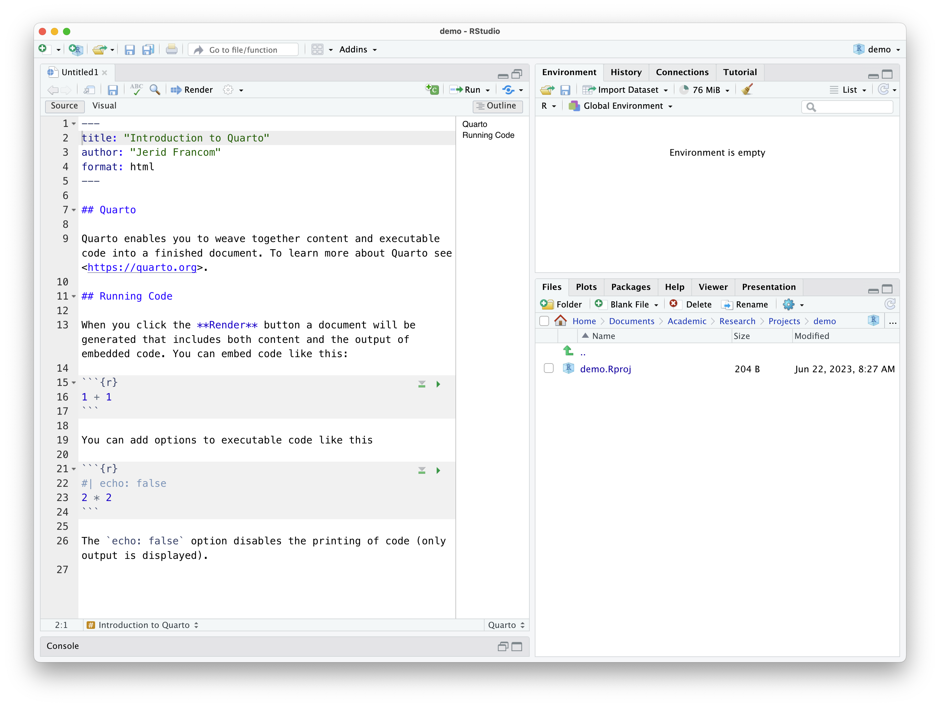 Quarto source in RStudio.