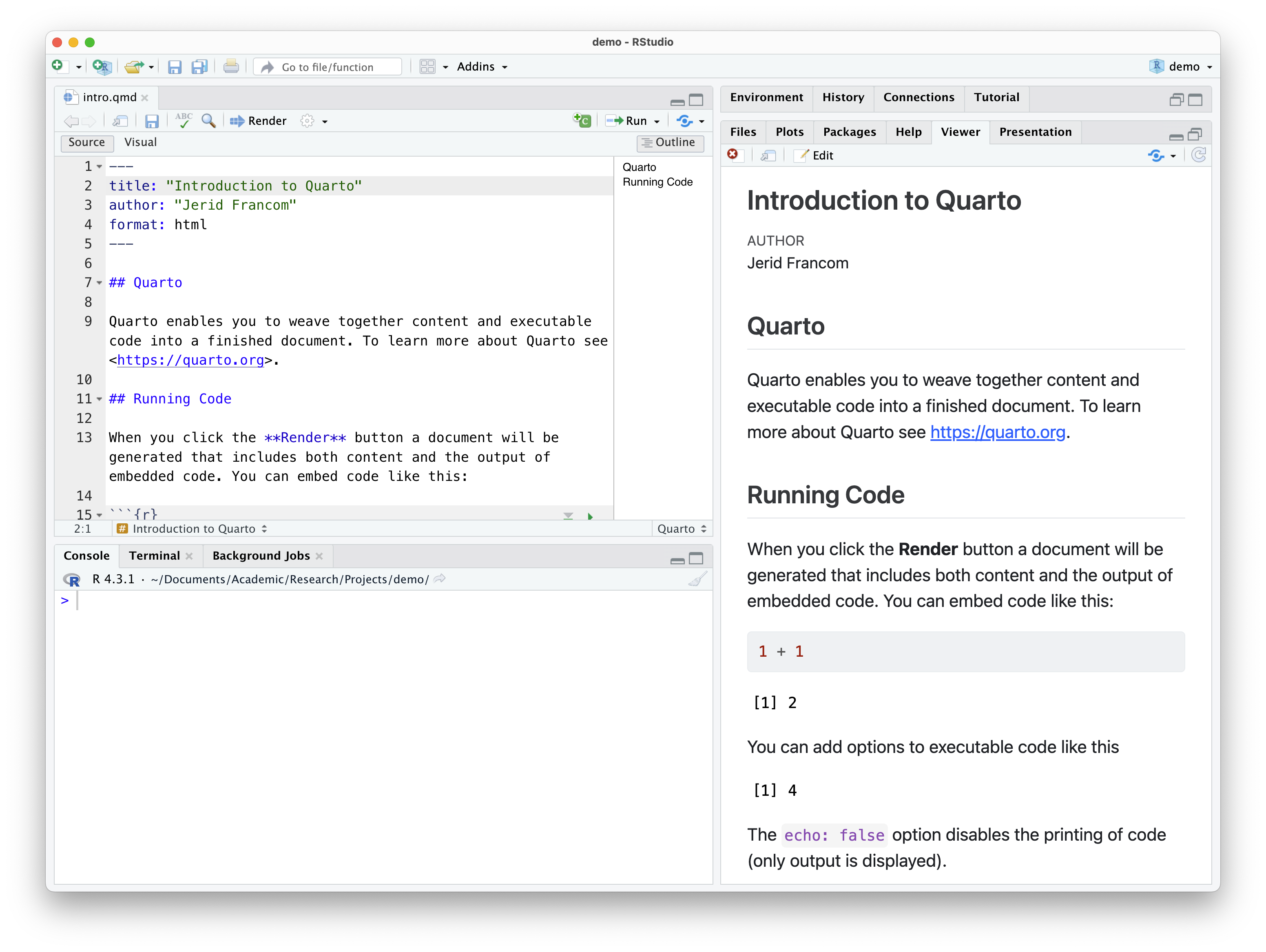 Quarto source and HTML output side-by-side in RStudio.