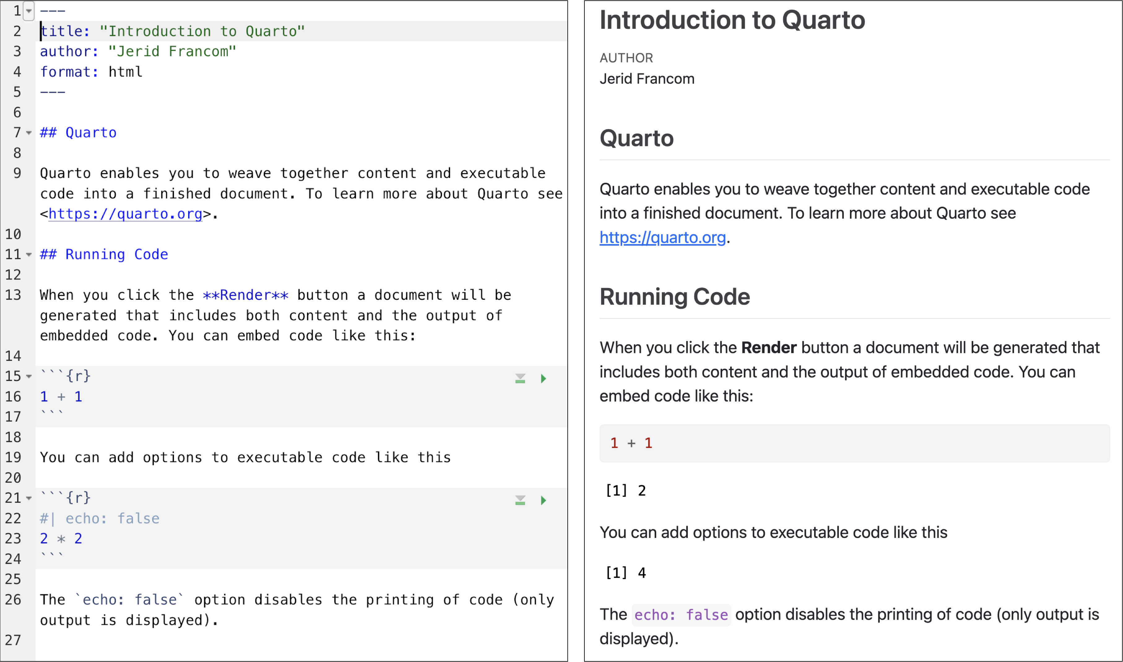 An image with two document views. On the left is Quarto source code and on the right is Quarto HTML output.